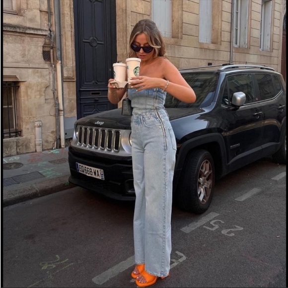Zara Pants & Jumpsuits Zara Off The Shoulder Corset Denim Jumpsuit